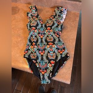 Jessica Simpson Floral Low Cut Back Flutter Sleeve One Piece Swimsuit